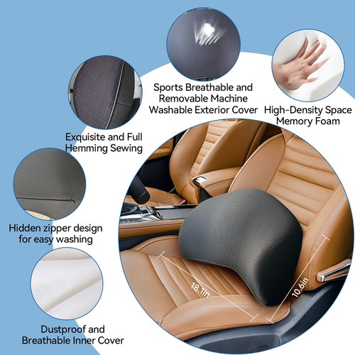 Lumbar Support Pillow for Car, 100% Memory Foam Lumbar Pillow with Breathable Removable Cover, Ergonomic Design - Back Pillow Lumbar Support Pillow for Car Seat/Back Pain Relief(Ice Silk Black, 1PC)