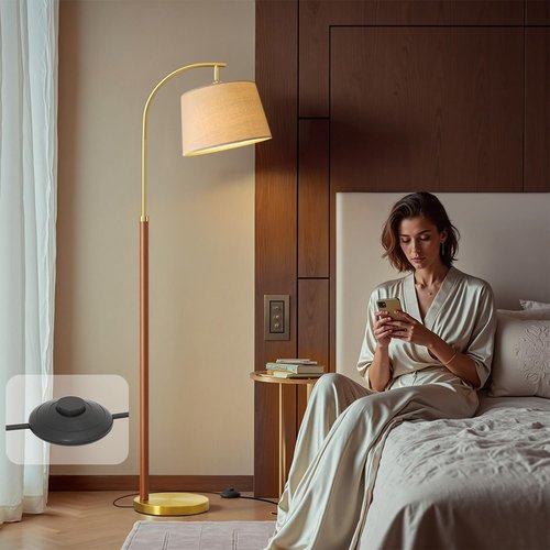 G-SAFAVA 62.5" Wood Floor Lamp for Living Room Gold with Foot Switch Arc Standing Tall Lamps for Bedroom Mid Century Modern Corner Floor Lamps for Office Nursery Industrial Reading Light Room Lamp