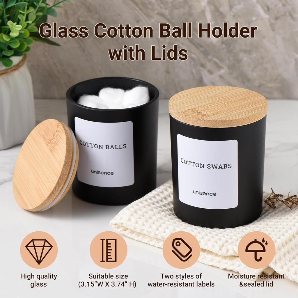 Skiennix Glass Qtip Holder Set - 2 Pack Bathroom Organizer with Lid for Cotton Swabs & Makeup | Black