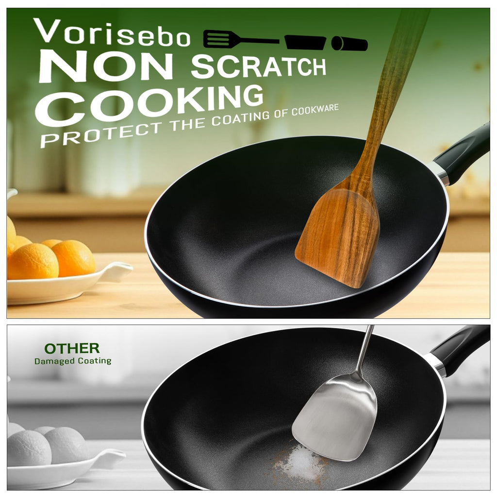 Vorisebo Wooden Spoons for Cooking, Natural Teak Wooden Utensils Set, 10 Piece Handmade Wood Kitchen Utensil Set with Holder and Spoon, Durable Nonstick Kitchen Cookware Tool