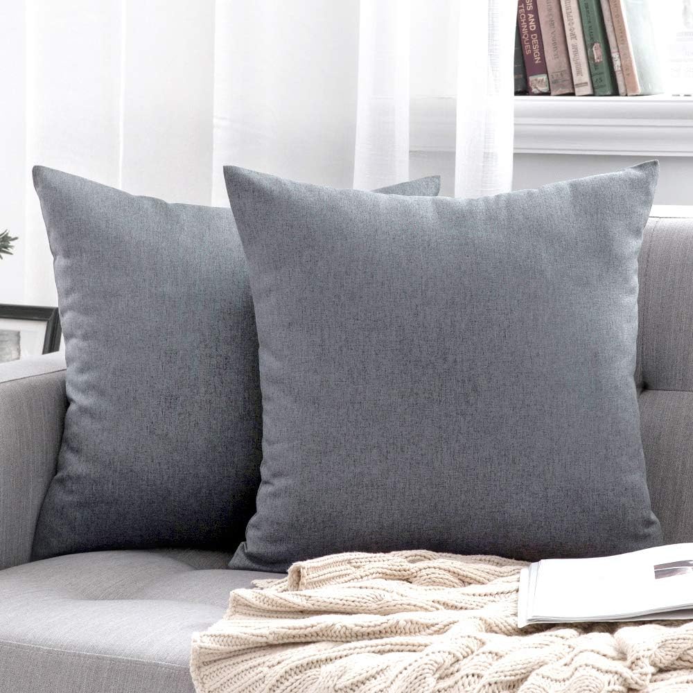 MIULEE Decorative Outdoor Throw Pillow Covers - Waterproof Faux Linen Cushion Cases | 24x24 Inch Dark Grey (Pack of 2)