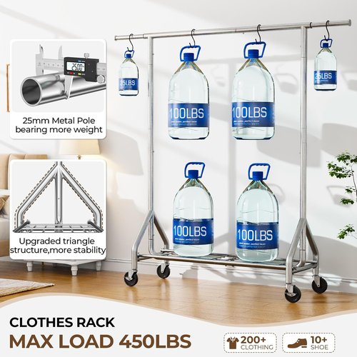 HYSEYY Heavy Duty Clothes Rack - 450 LBS Capacity Metal Garment Rack with Wheels & Shelves | Silver