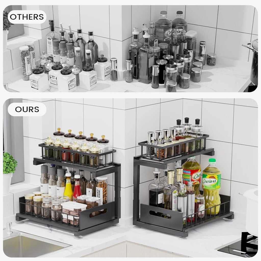 Under Sink Organizer by Regine Switzerland - Heavy Duty Metal Pull-Out Cabinet Shelf | Adjustable Multi-Purpose Storage (Black, 2-Pack)