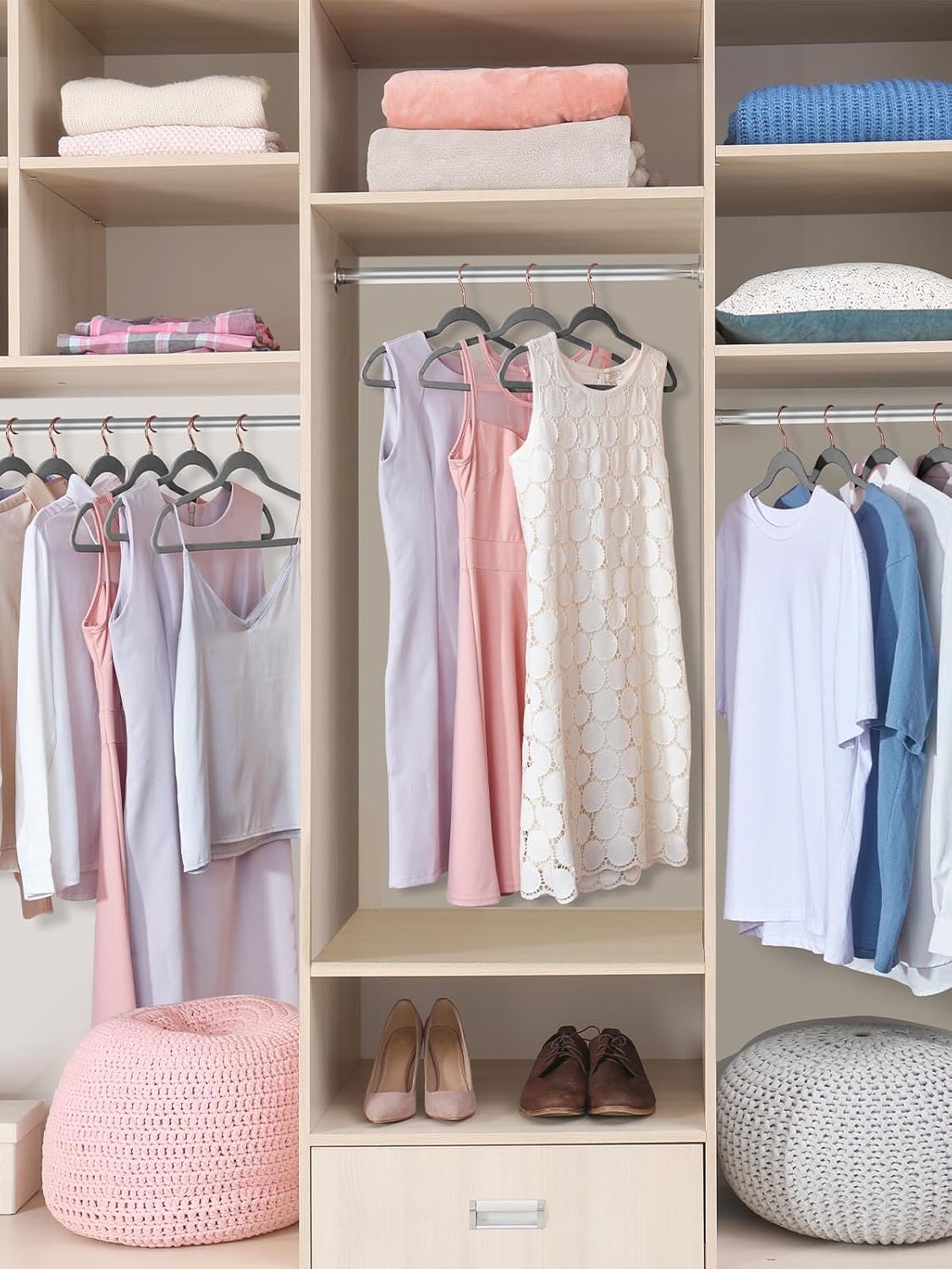 Smartor Grey Velvet Hangers - 50 Pack Non-Slip Heavy Duty Felt Hangers with 360° Rotating Rose Gold Hook | Slim Space-Saving Closet Organizer