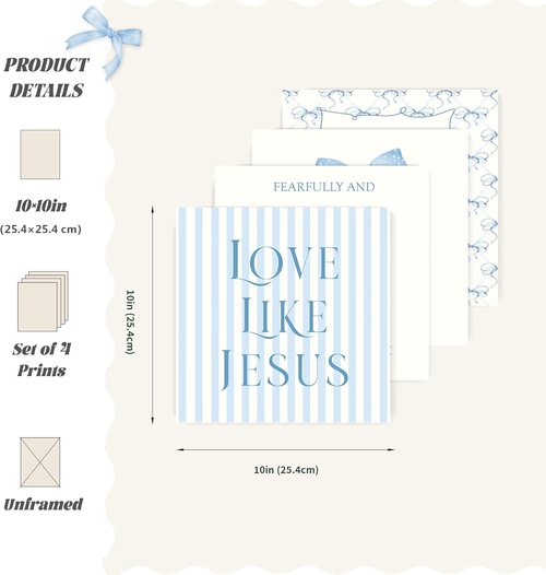 LARTSFRO Coquette Blue Bow Wall Art Decor - Inspirational Christian Posters for Teen Girls | 10x10 Inch Set of 4 Unframed