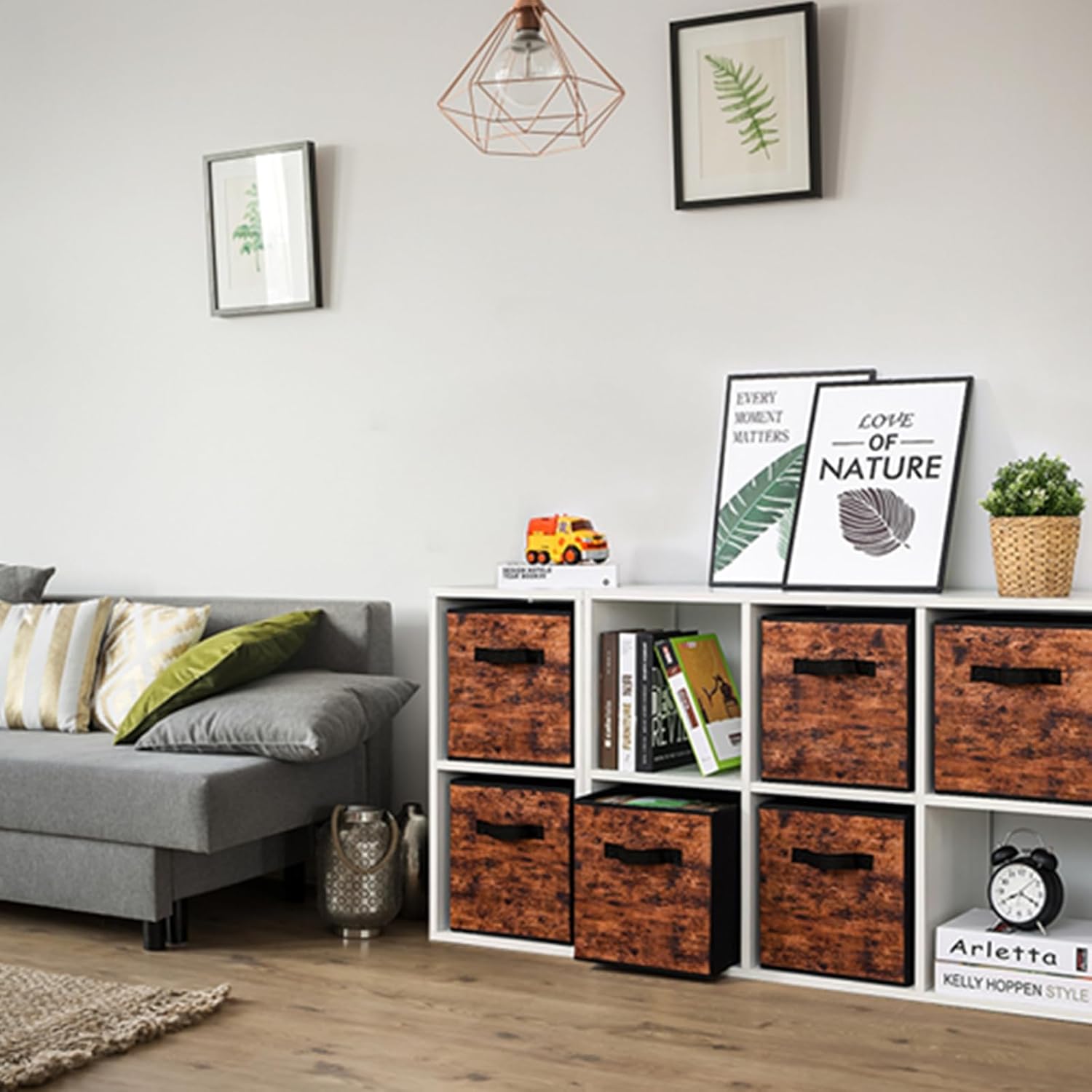 Stero Fabric Storage Cubes - 6 Pack Foldable Bins with Handles | 13 Inch Rustic Brown & Black Organizer