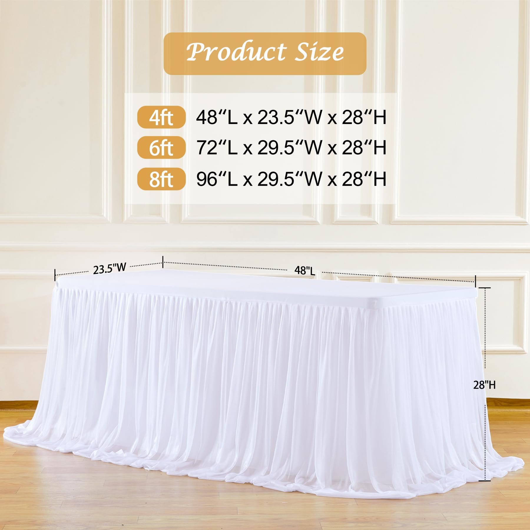 White Tulle Tablecloth 4Pack Stretchable Cross Table Cover 3 Sides for Wedding, Birthday, Party Decor, Banquet, Bridal Shower Fits Rectangle Tables 4ft