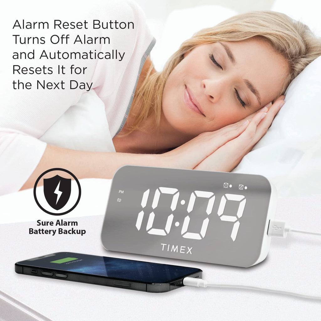 Timex Alarm Clock with USB Charger (5W) and Large Display, Digital Alarm Clock for Bedroom Includes 100-240V Universal Power Adapter (T1320)