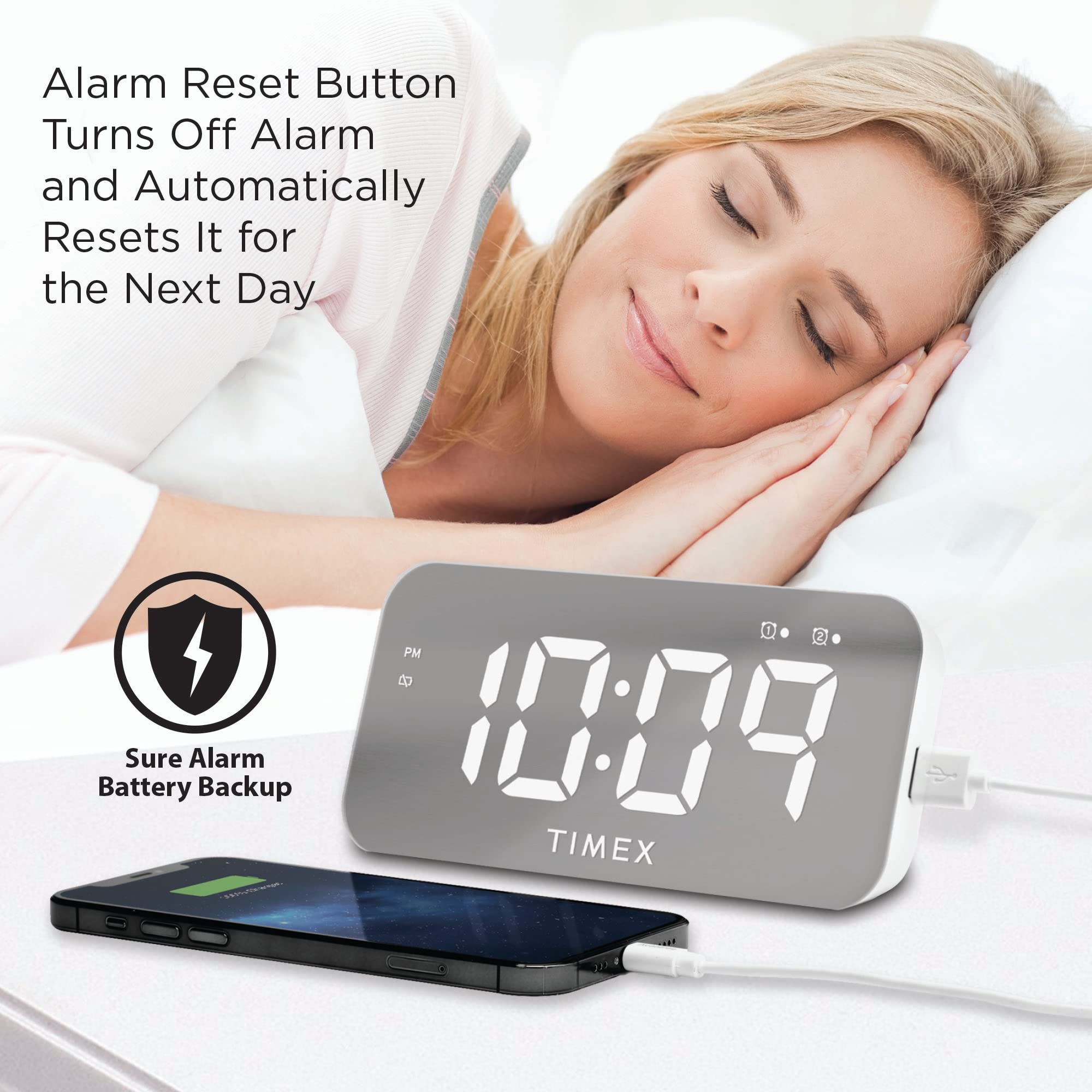 Timex Alarm Clock with USB Charger (5W) and Large Display, Digital Alarm Clock for Bedroom Includes 100-240V Universal Power Adapter (T1320)