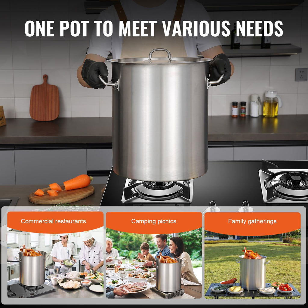 VEVOR 18/8 Stainless Steel Stockpot, 42QT Large Cooking Pots, Multipurpose Cookware Sauce Pot with Composite Base, Heavy Duty Commercial Grade Stock Pot, Sanding Treatment, for Large Groups Events