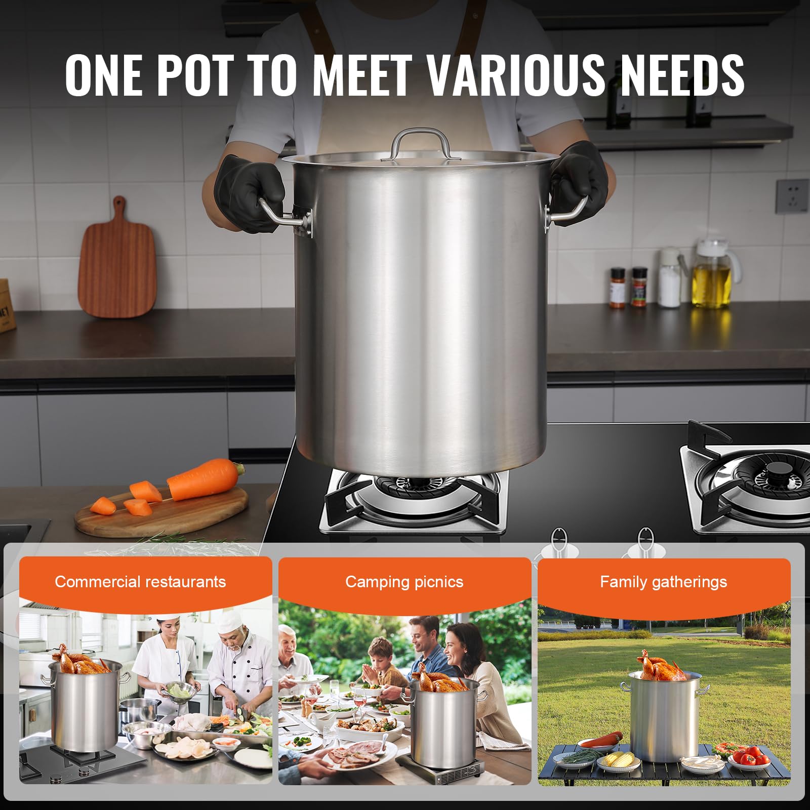 VEVOR 18/8 Stainless Steel Stockpot, 42QT Large Cooking Pots, Multipurpose Cookware Sauce Pot with Composite Base, Heavy Duty Commercial Grade Stock Pot, Sanding Treatment, for Large Groups Events