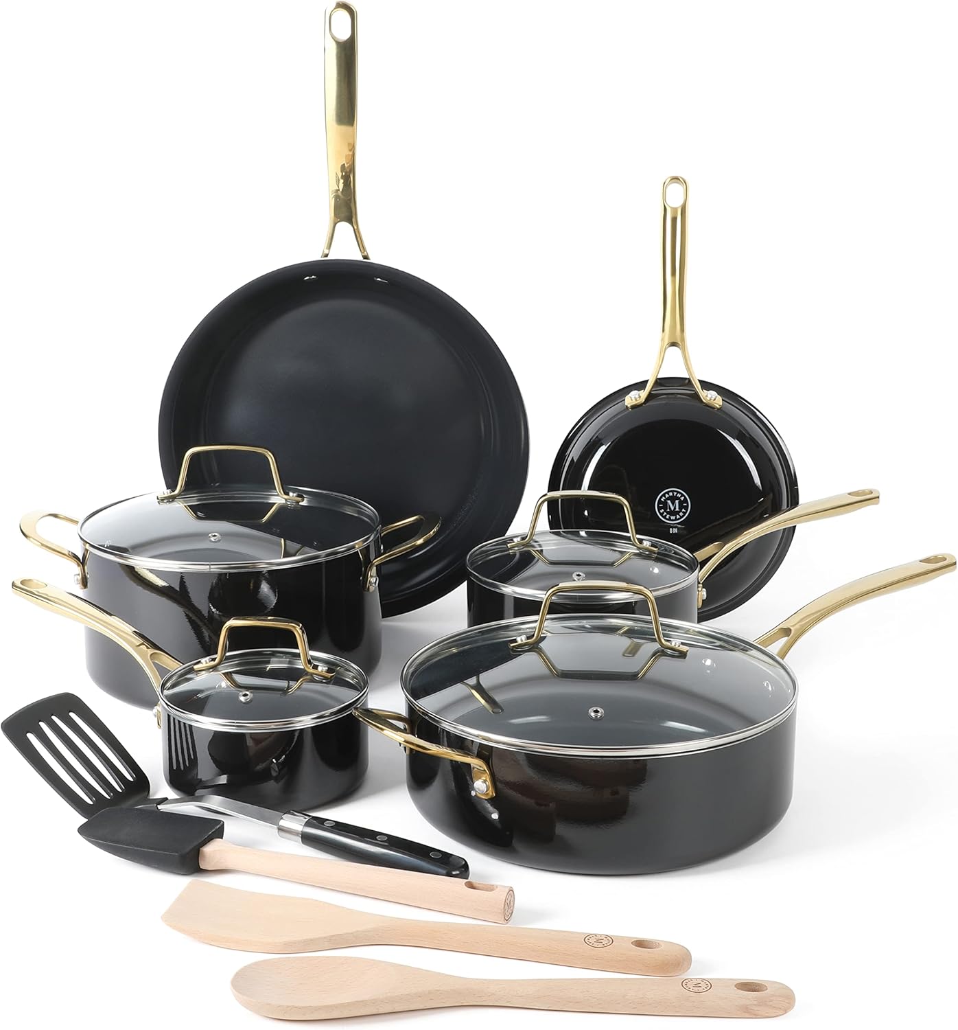 Martha Stewart Lockton 14-Piece Non-Stick Cookware Set - Heavy-Gauge Aluminum in Black with Gold Handles