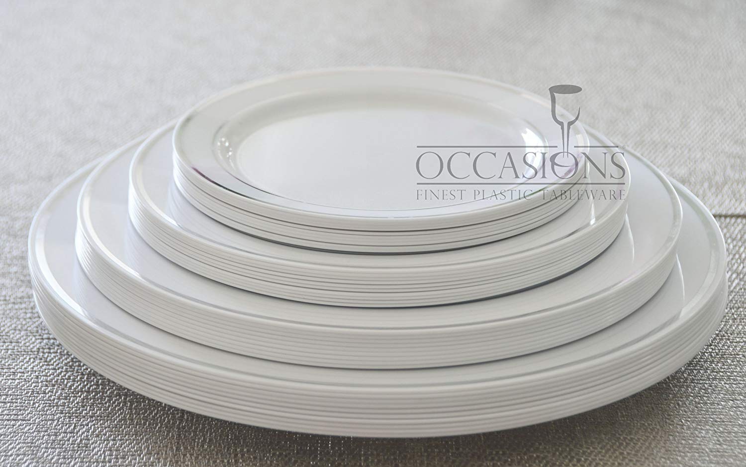 OCCASIONS 120 Plates Pack, Heavyweight Disposable Wedding Party Plastic Plates (7.5'' Appetizer/Dessert Plate, White & Silver Rim)