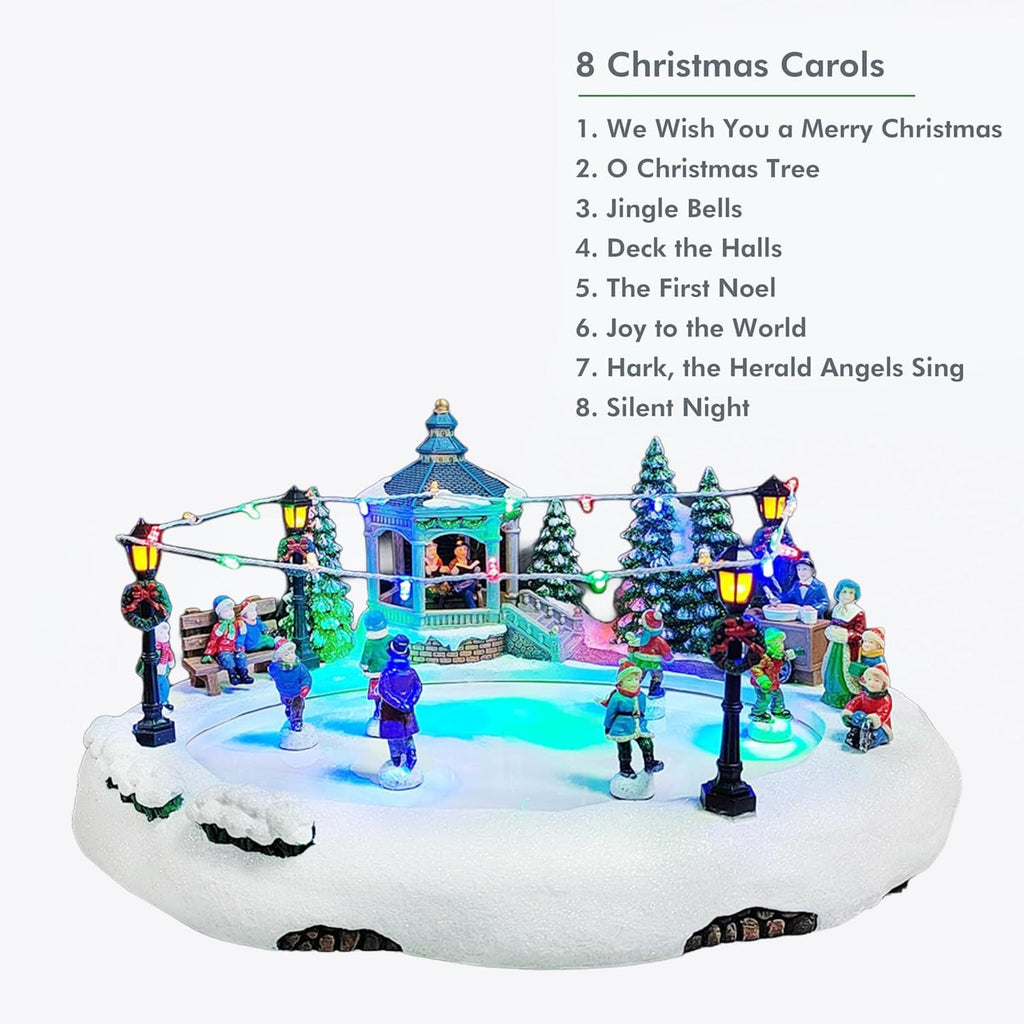 Moments In Time Animated Skating Pond - 7.28” LED Christmas Village Display with Moving Skaters, Lights & Music