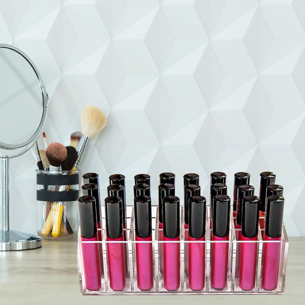 Dmopipp Lipstick Organizer 24 Slot Lipstick Holder Display Rack Small Clear Plastic Compact Lip Gloss Perfume Sample Mascara Holder