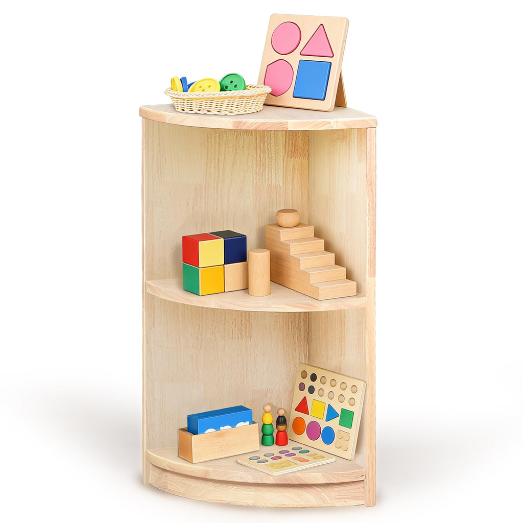 KRAND Corner Montessori Shelf 3-Tier Storage Bookcase – Kids Organizer for Toys, Books, Arts & Crafts Supplies, Ideal Toddler Furniture for Nursery, Preschool & Daycare