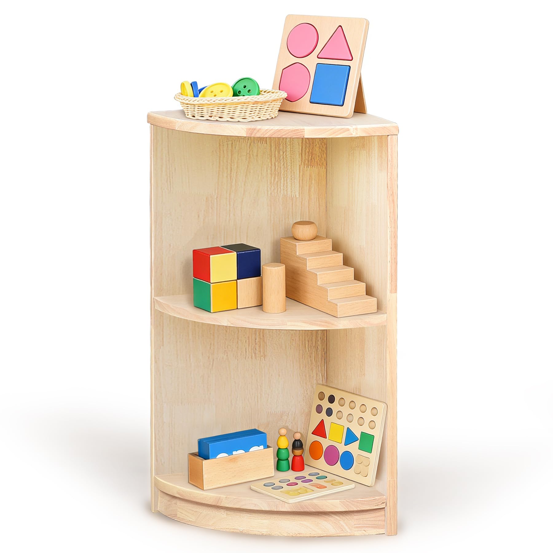 KRAND Corner Montessori Shelf 3-Tier Storage Bookcase – Kids Organizer for Toys, Books, Arts & Crafts Supplies, Ideal Toddler Furniture for Nursery, Preschool & Daycare