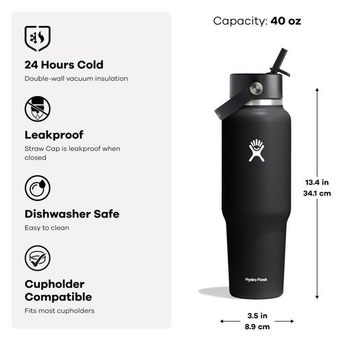 Hydro Flask Travel Water Bottle - Insulated Stainless Steel - Wide Straw Lid, Non Spill, Leakproof in 40 Oz Black