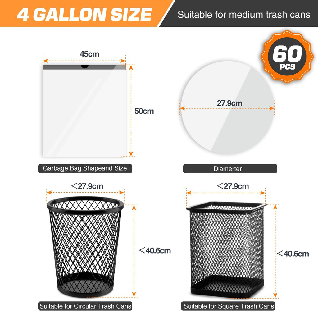 Small Trash Bags 4 Gallon - 60 Count Drawstring Garbage Bags | Unscented White Liners for Home & Office
