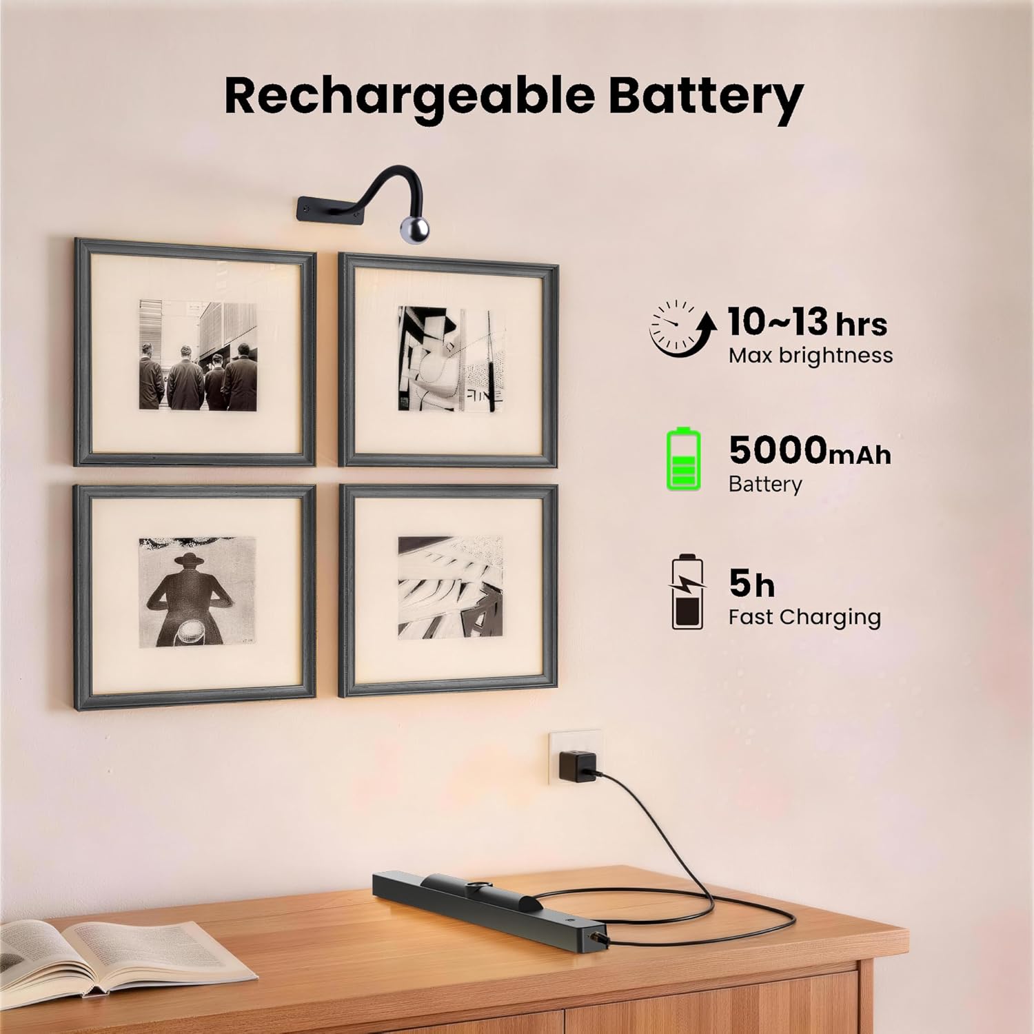 Skiennix 16-Inch Battery Operated Picture Light - Dimmable Cordless Art Light for Wall Decor | Black, 5000mAh