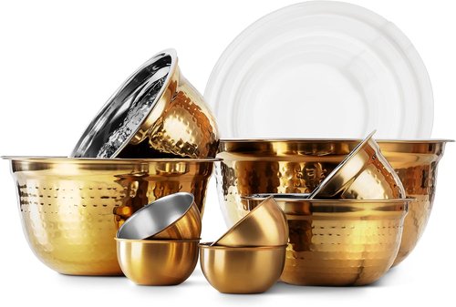 COOK WITH COLOR 18-Piece Mixing Bowls Set - Handcrafted Stainless Steel with Airtight Lids | Gold Hammered Finish