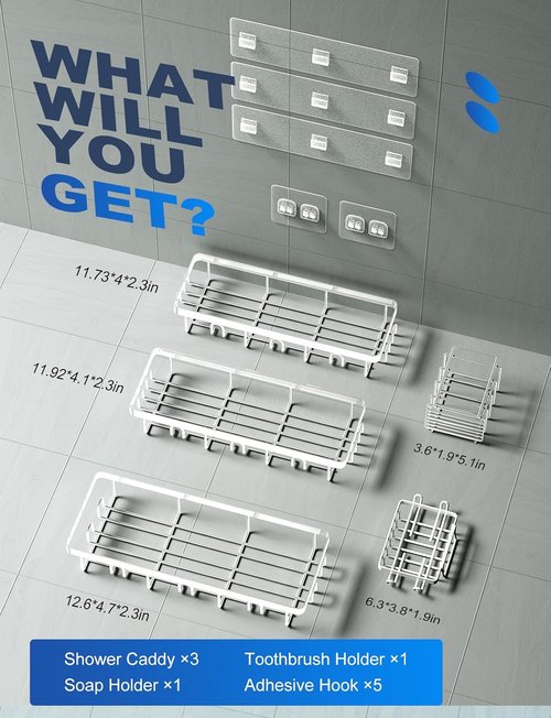 GVY Shower Caddy - 5 Pack Adhesive Bathroom Organizer Shelves | Rustproof & No Drilling Design