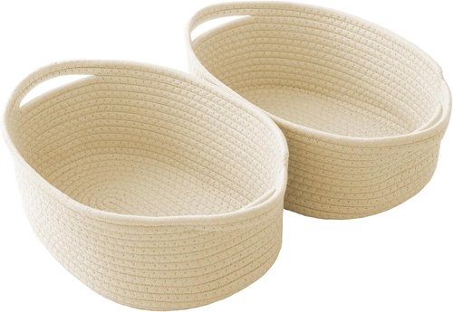 JMvicyroam Woven Basket - Small Rope Storage Bin with Handles | Organizer for Shelves & Closets - Beige (2 Pack)
