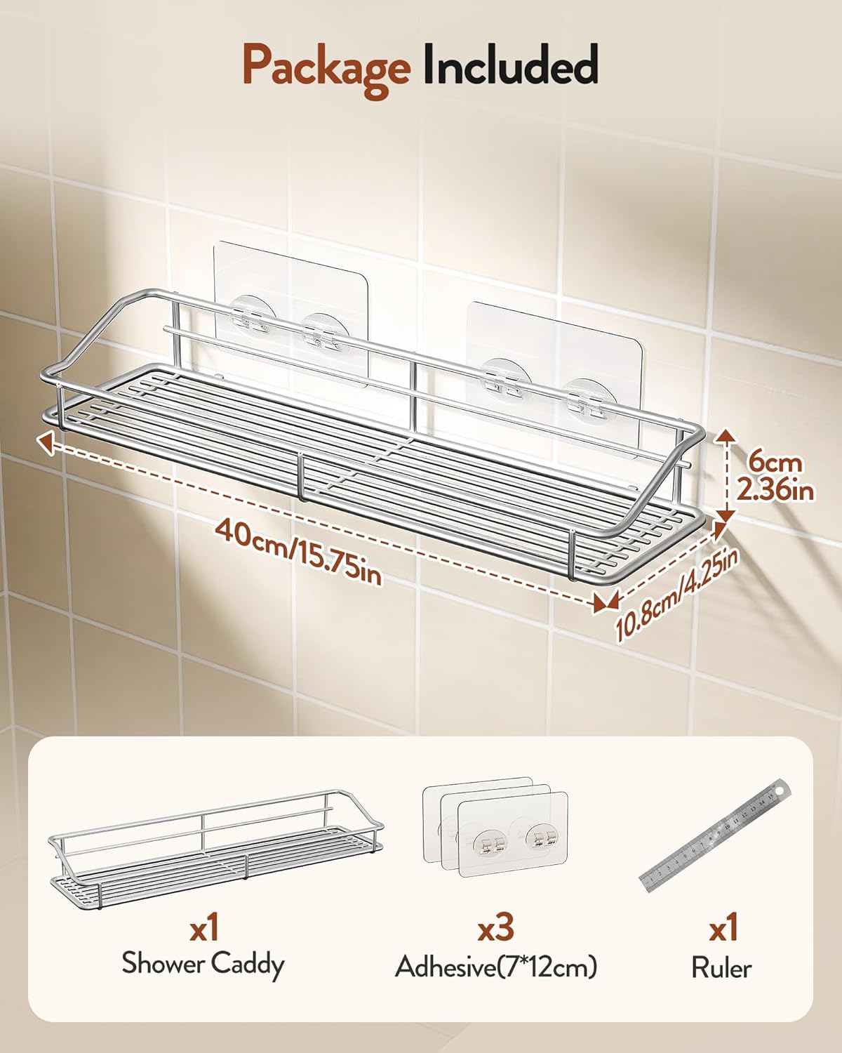 Orimade Bathroom Shelf Organizer - Traceless Adhesive Shower Caddy | 15.75 Inch Silver SUS304 Stainless Steel