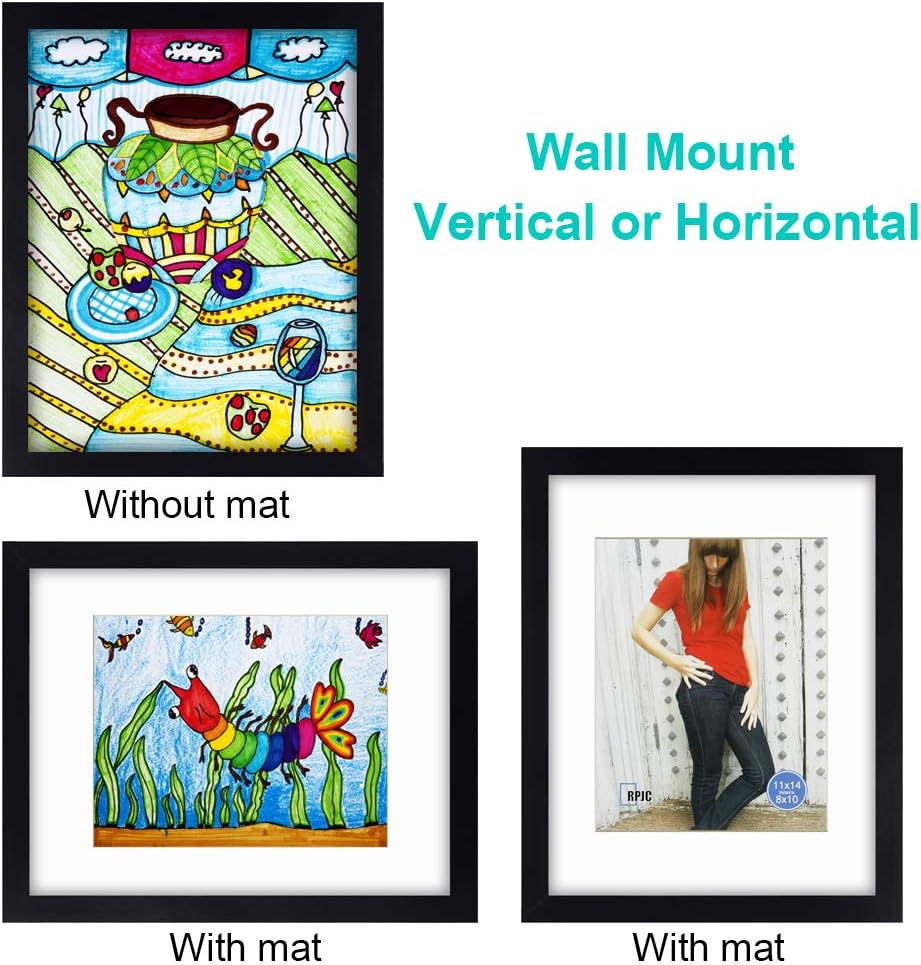 RPJC 11x14 Picture Frame - Solid Wood with High Definition Glass | Displays 8x10 with Mat or 11x14 Without Mat in Black