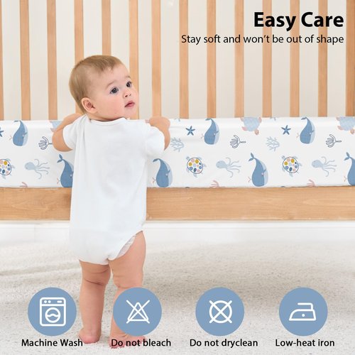 FIEMOL Baby Crib Sheets for Boys and Girls, 3 Pack Toddler Bed Sheets for 52”x28” Standard Toddler Mattresses, Soft Microfiber Fitted Crib Sheets Neutral Blue Ocean Whale