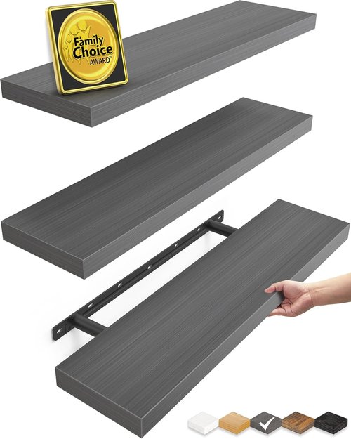 BAYKA Floating Shelves - Rustic Grey Wall-Mounted Wood Shelves for Bathroom, Bedroom & Living Room | Set of 3 (22.5 Inches)