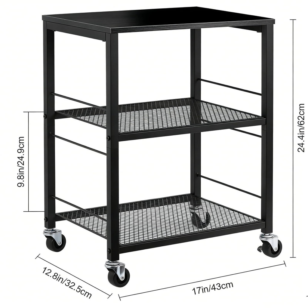 MOOACE 3 Tier End Table with Wheel, Rolling Storage Shelf Side Table Nightstand for Bedroom Kitchen Living Room Office, Stable Metal Frame and Wood Top, Black