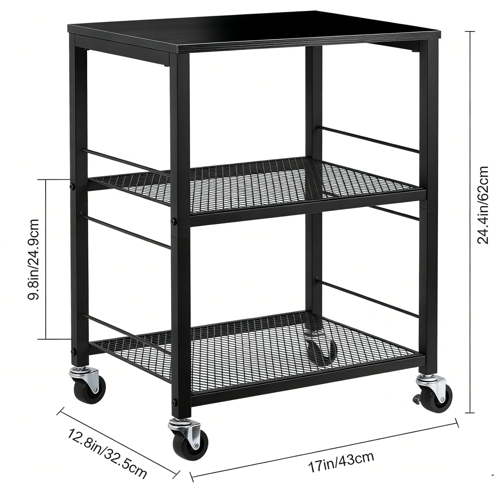 MOOACE 3 Tier End Table with Wheel, Rolling Storage Shelf Side Table Nightstand for Bedroom Kitchen Living Room Office, Stable Metal Frame and Wood Top, Black