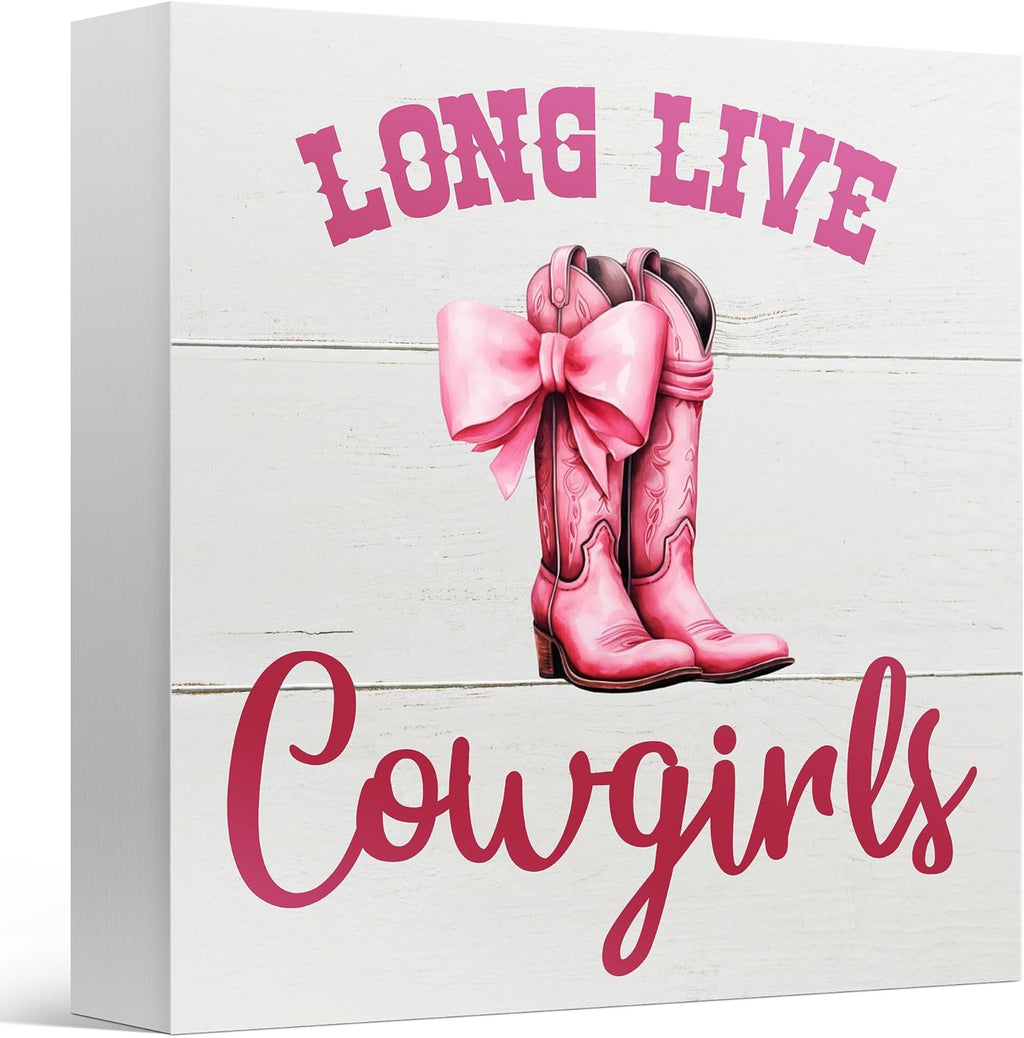 Skiennix Pink Bow Western Cowgirl Decor - Charming Wooden Box Sign for Nursery & Teen Rooms | 5x5 Inches