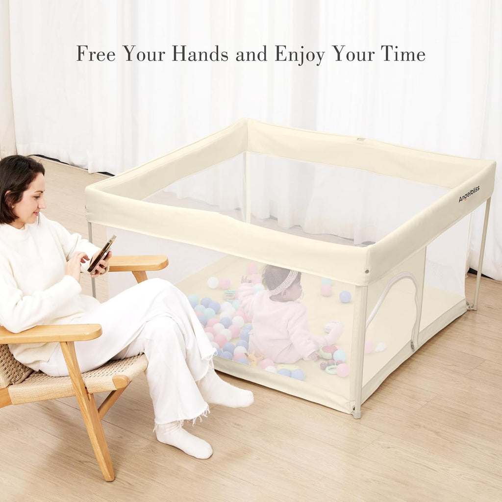 Regine Switzerland Foldable Baby Playpen - Portable 50" x 50" Play Yard with Breathable Mesh & ASTM F406 Certified (Beige)