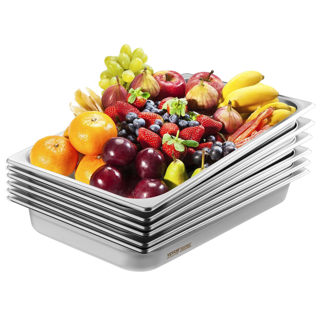 VEVOR 6 Pack Stainless Steel Hotel Pans,2.5-Inch Deep 0.8mm Thick Commercial Food Pans, Anti-Jam Catering Trays for Steam Tables, for Home, Party, Restaurant, Hotel, Buffet