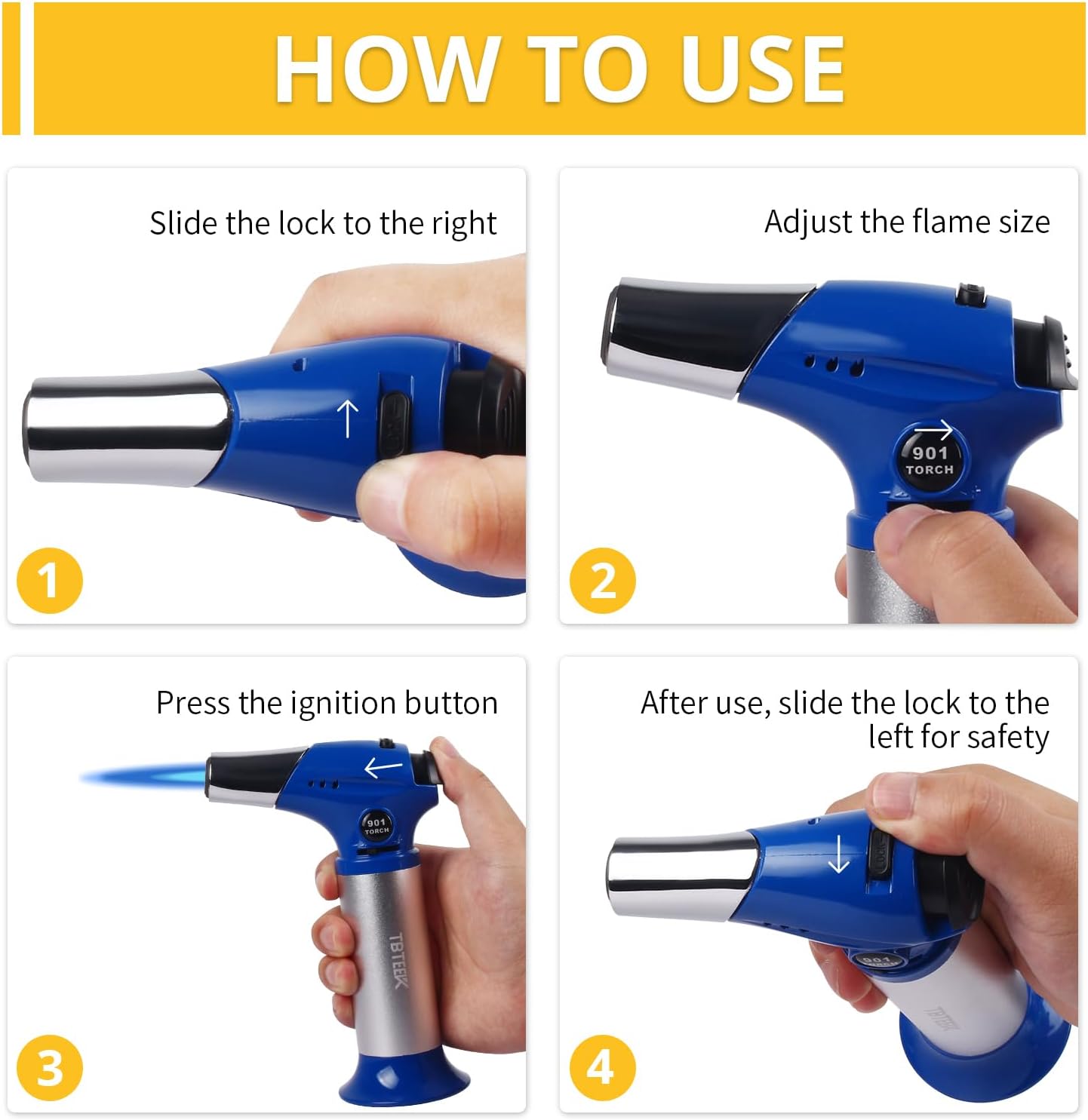 TBTEEK Butane Torch T901 - Adjustable Flame Kitchen Torch with Safety Lock for Cooking & Baking | Blue