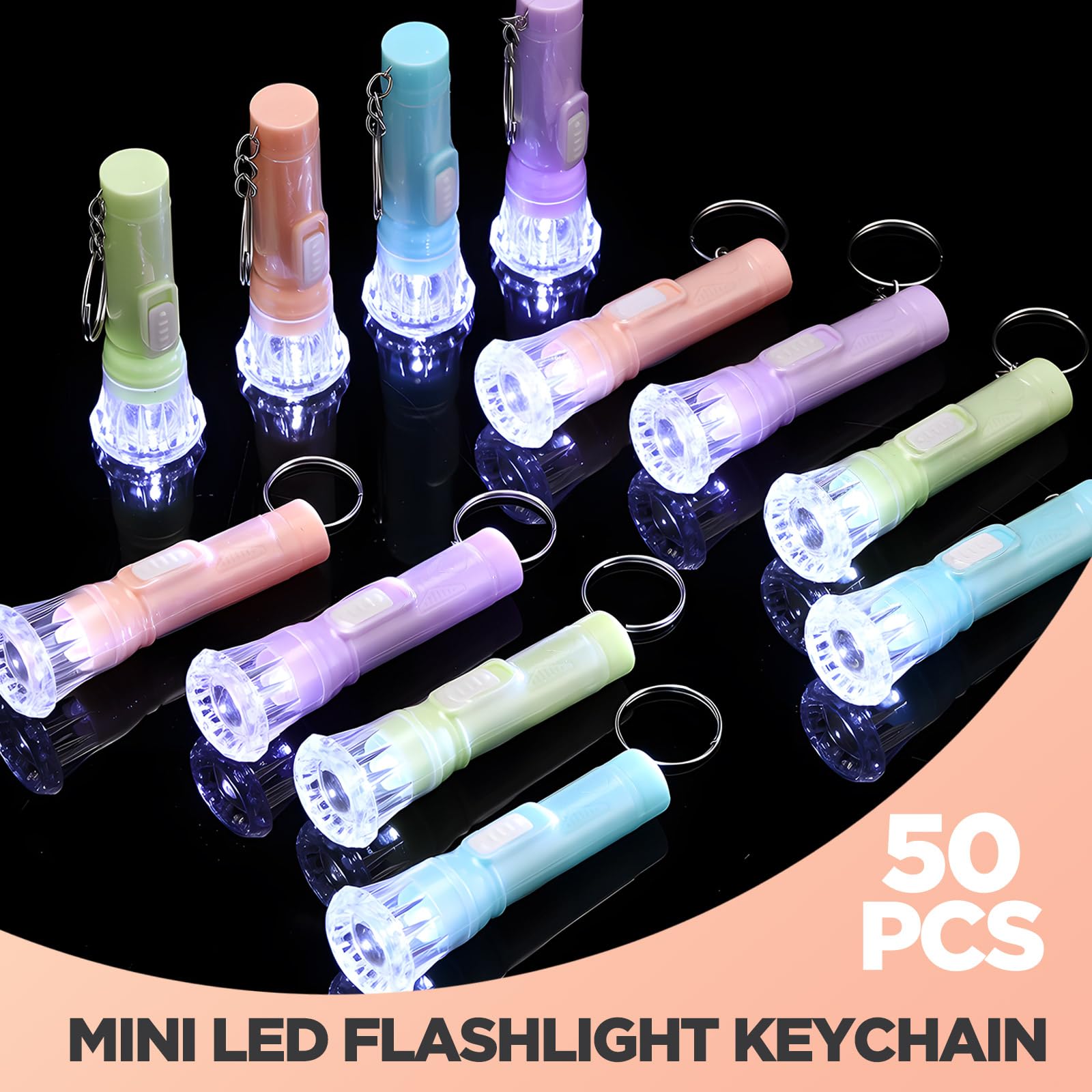 Jexine 50 Pcs Mini Flashlight Keychains Bulk with Lanyard Portable Small Plastic LED Key Chains Flashlights for Night Reading Emergency Hurricane Camping Hiking Party Favors(Pastel Color,Simple)