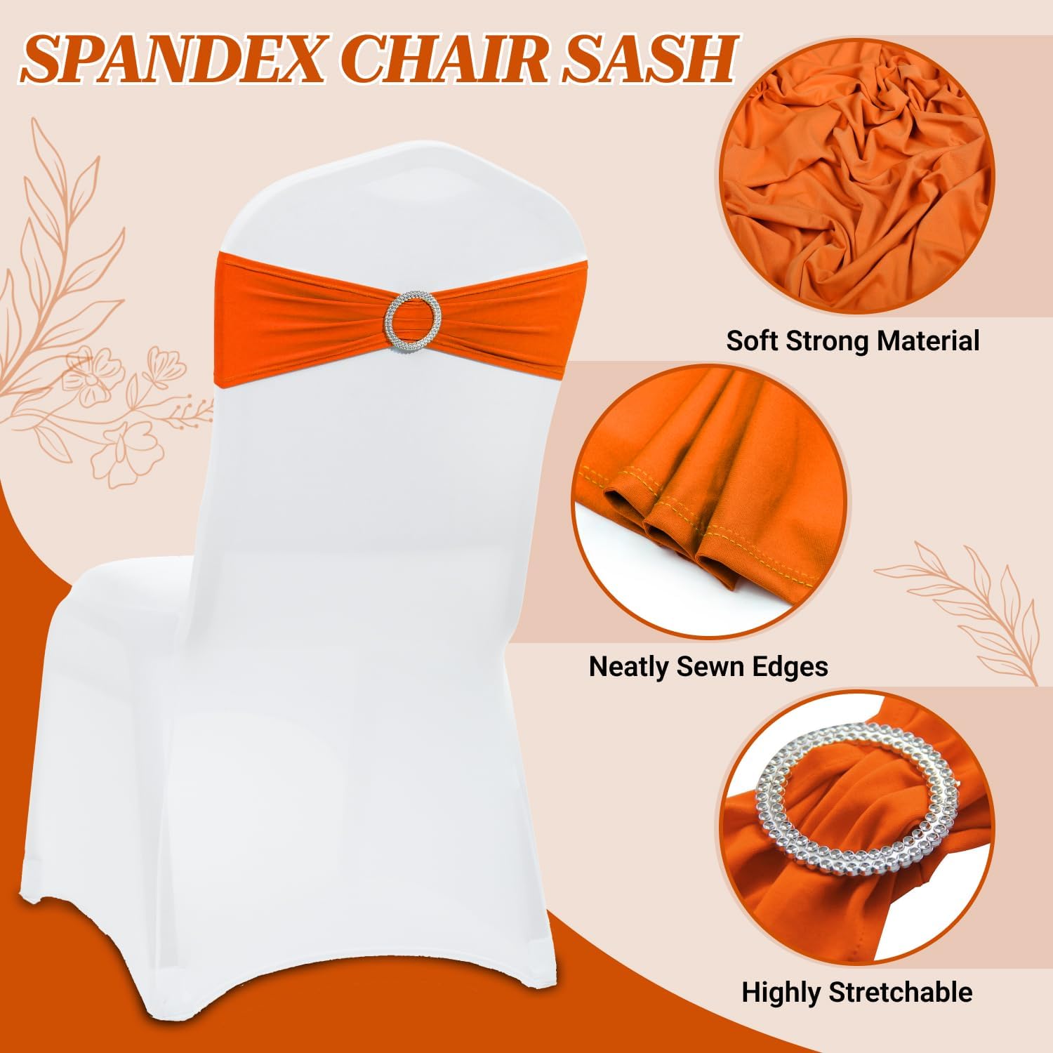 MDS Spandex Chair Sashes - Pack of 200 Universal Stretch Bands with Buckle Slider for Wedding Decor | Orange