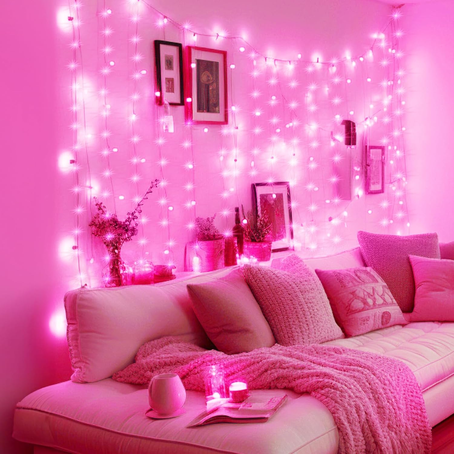 Minetom 300 LED Curtain Lights - Dimmable Fairy String Lights with Remote & Timer | Pink Indoor Decor