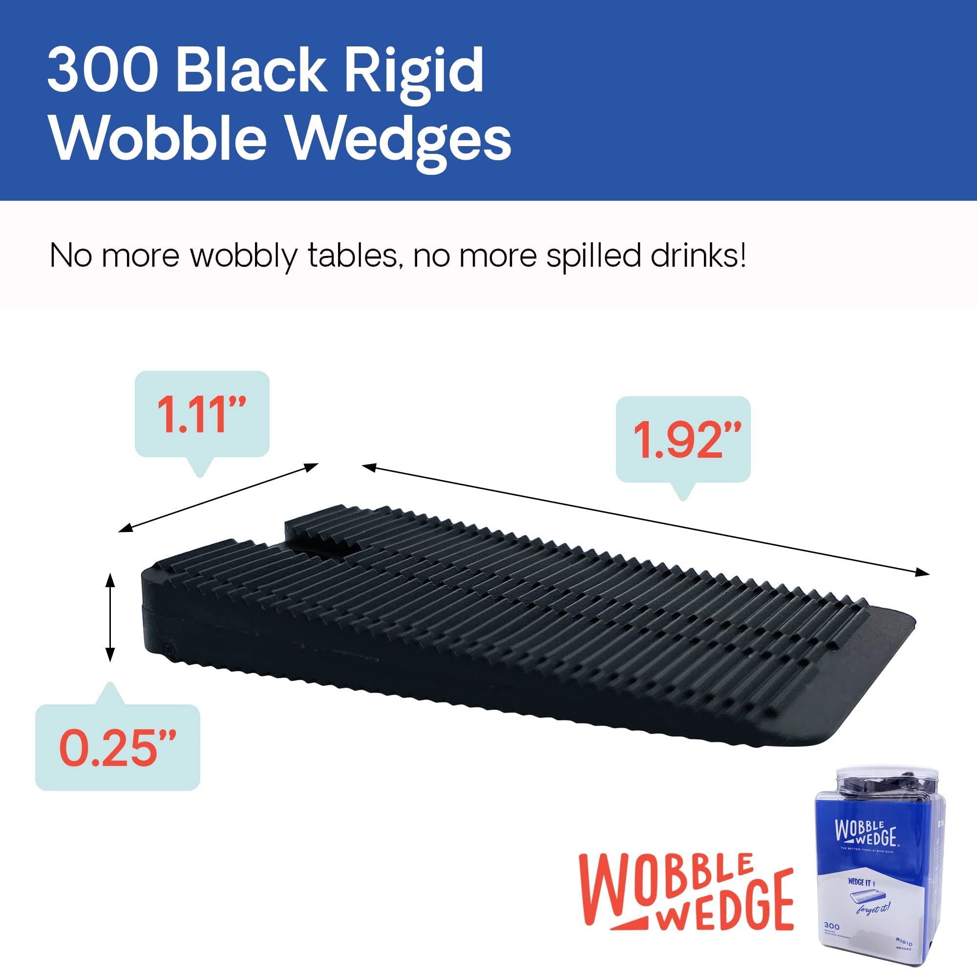 Wobble Wedges Rigid Plastic Shims, 300 Pack - Made in USA - Multi-Purpose Shim Wedges for Home Improvement & Work - Plastic Wedge for Table, Toilet, Furniture Levelers, & Leveling Feet - Black