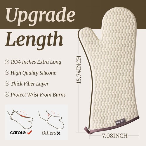 CAROTE Extra Long Oven Mitts - Heat Resistant Silicone Gloves for Baking & Grilling | 2-Piece Set, Beige