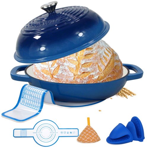 Enameled Cast Iron Bread Oven, 6 Quart Dutch Oven for Bread Sourdough Baking, 11" Thick Enamel Bread Baking Pan Kit with Lid for Stews, Roasts and Gifts for Family, Blue