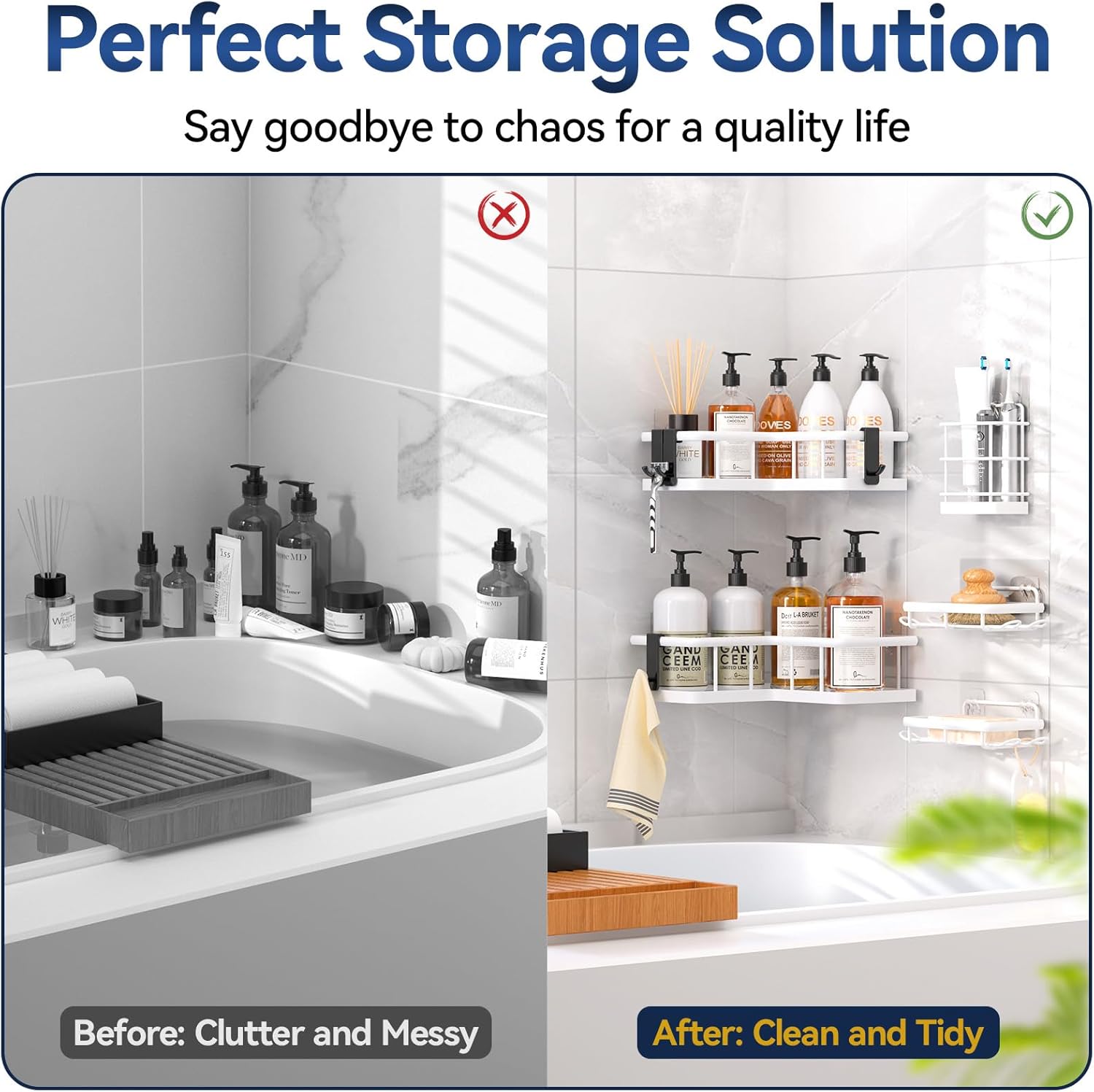 YASONIC Corner Shower Caddy - 5-Pack Adhesive Rustproof Stainless Steel Organizer | No-Drill Design, White