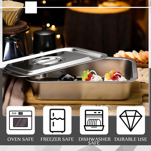 Funnymoom Deep Lasagna Baking Pan Set - 11 x 14.2 Inch Nonstick Stainless Steel with Lids | 5.3 Qt Capacity
