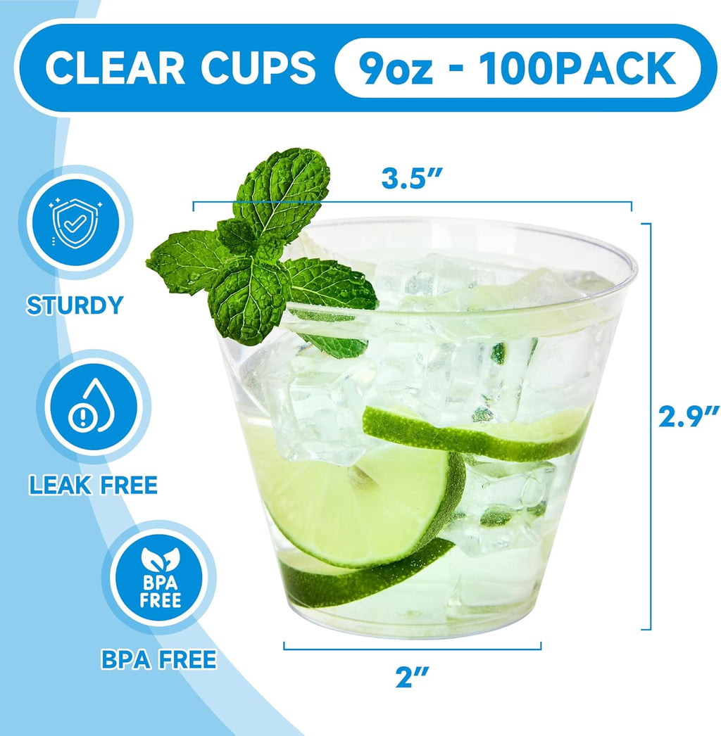 RACETOP Clear Plastic Cups - 9 oz Disposable Tumblers for Parties & Events | 100 Pack