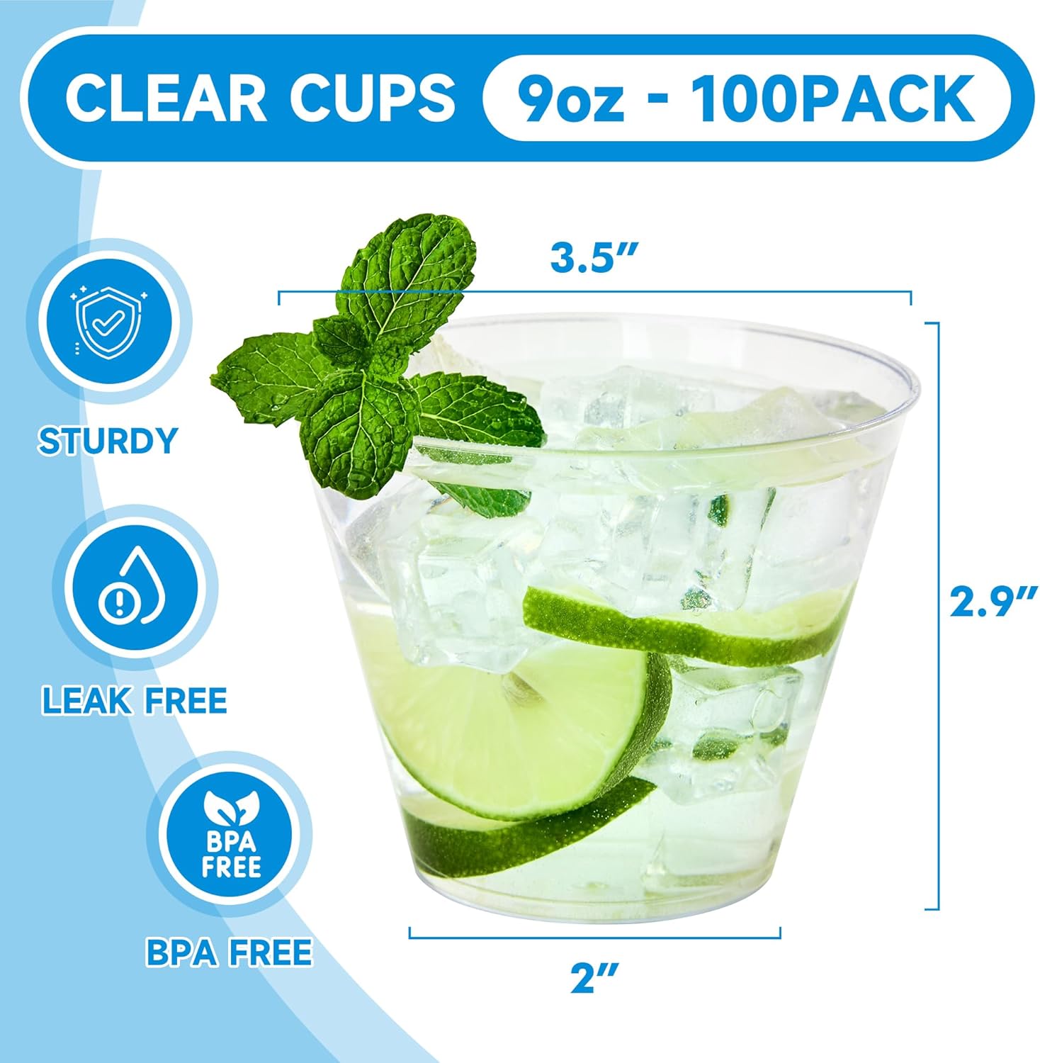 RACETOP Clear Plastic Cups - 9 oz Disposable Tumblers for Parties & Events | 100 Pack