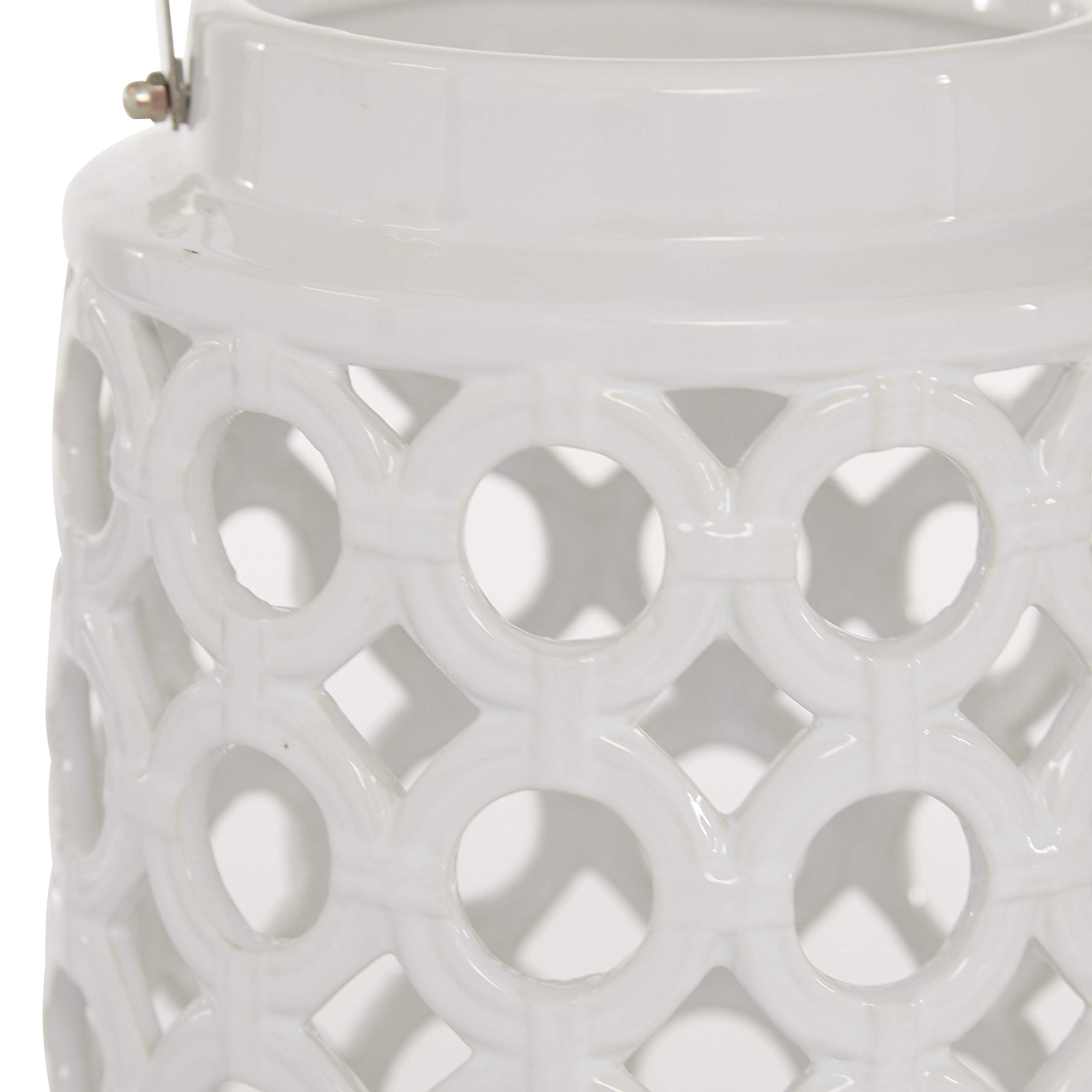 Deco 79 Ceramic Circles Decorative Candle Lantern with Cut Out Design, 8" x 9" x 8", White