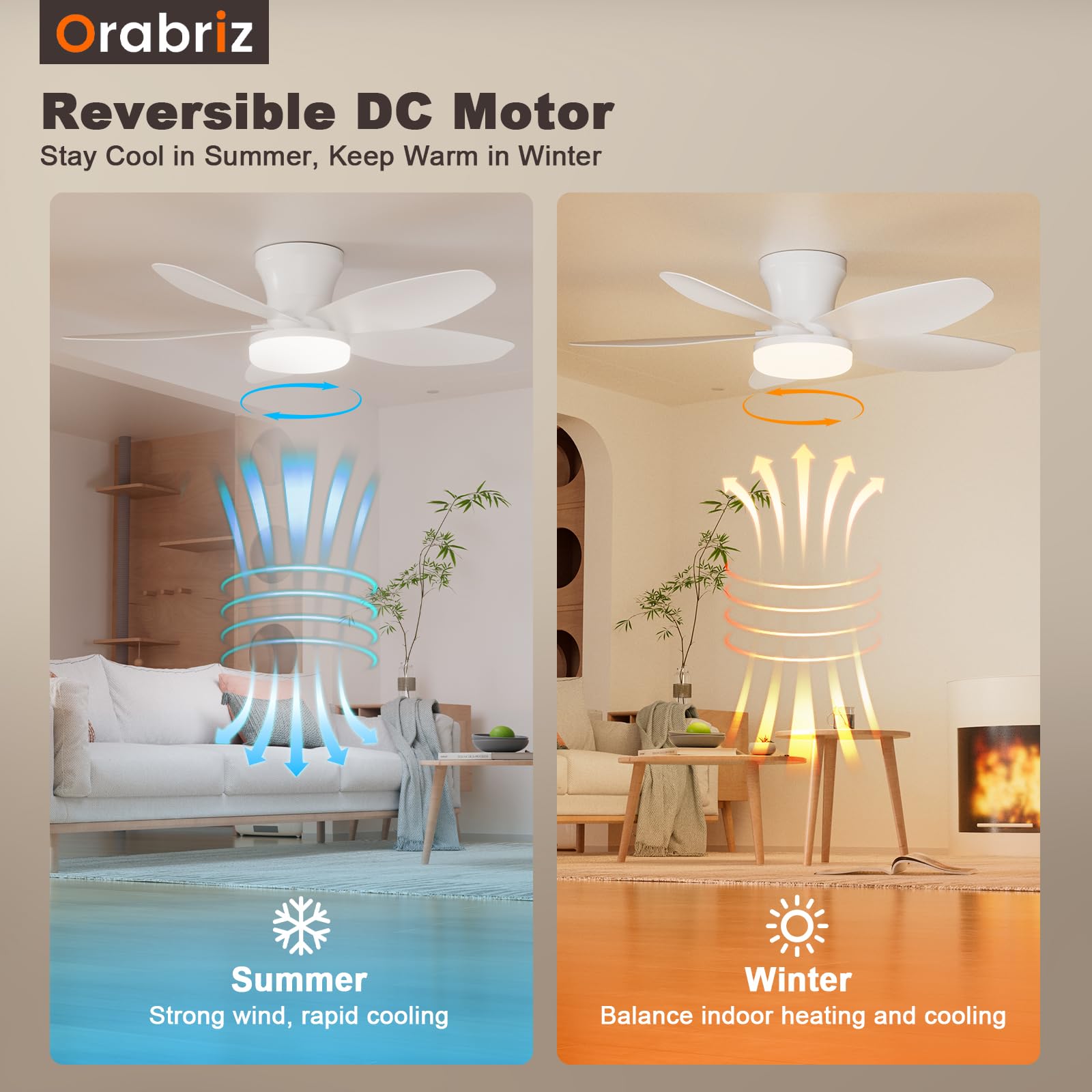 Orabriz 35 Inch Ceiling Fan with Lights and Remote Control,Quiet 6 Speeds Wind Modern Low Profile Fan Light with DC Reversible Motor, Dimmable Ceiling Fan for Bedroom Room Indoor/Outdoor Use, White
