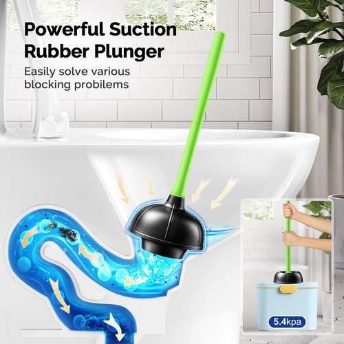 HAMITOR Toilet Plunger Bowl Brush Combo：Heavy Duty Rubber for Drain Clog Remover - Curved Design Bristles for Deep Cleaning Under Rim - Compact Bathroom Cleaning Tools for New Homet Essentials-Green